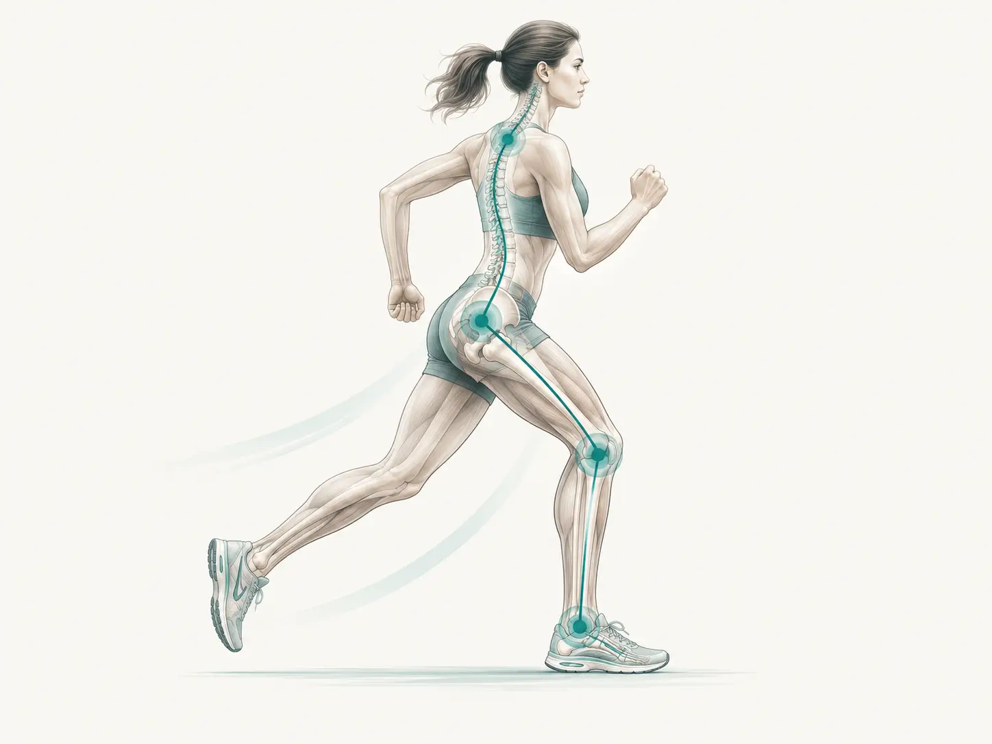 Anatomical runner with the kinetic chain highlighted from foot to spine