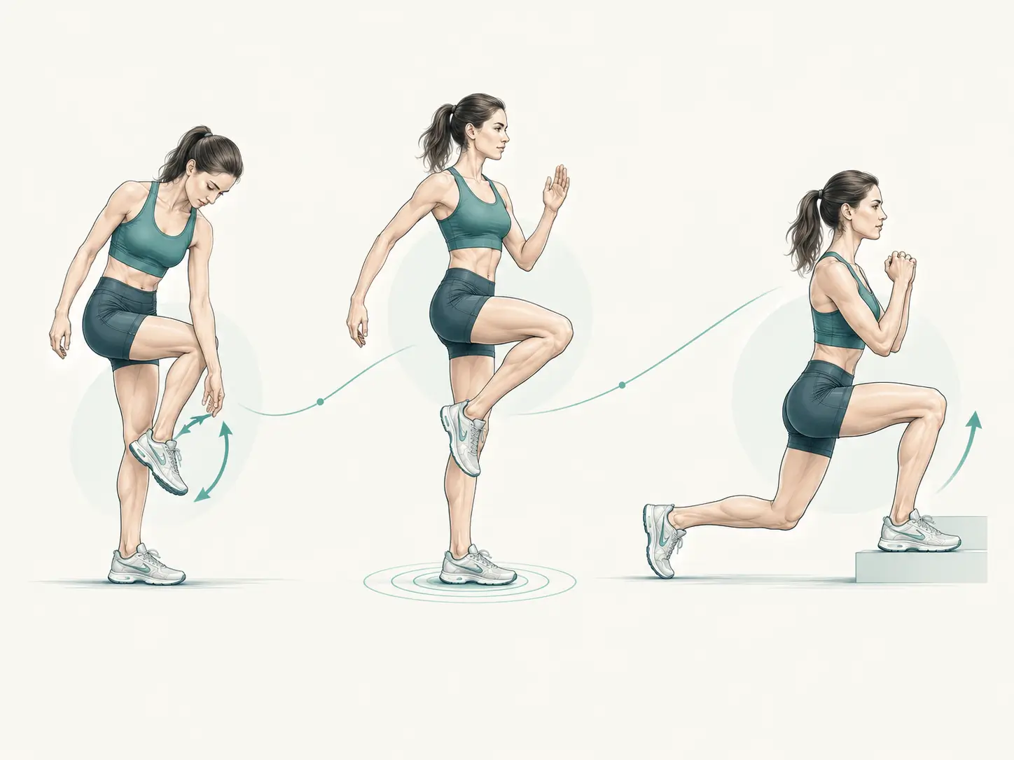 Three panels showing mobility, balance, and strength training for runners